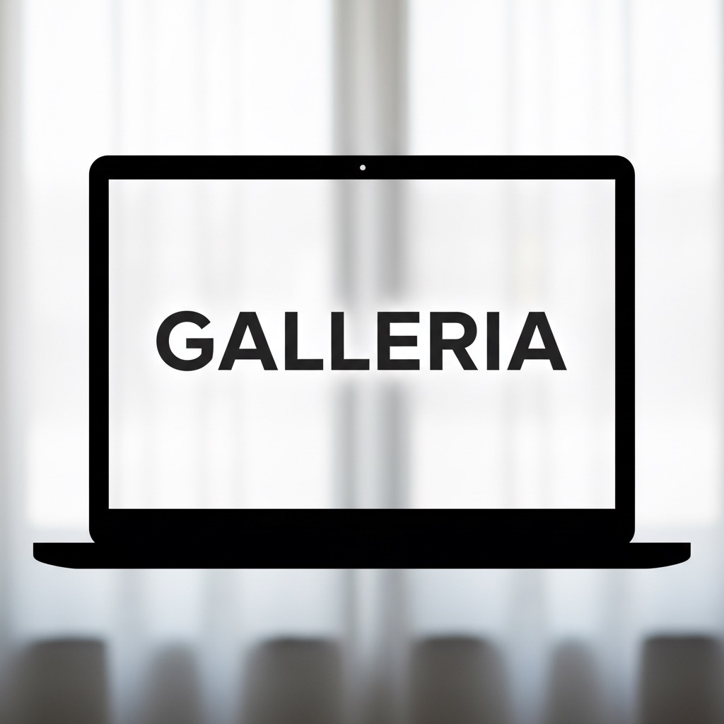 Un computer portatile nero stilizzato con la scritta GALLERIA sullo schermo bianco, posizionato su uno sfondo sfocato.