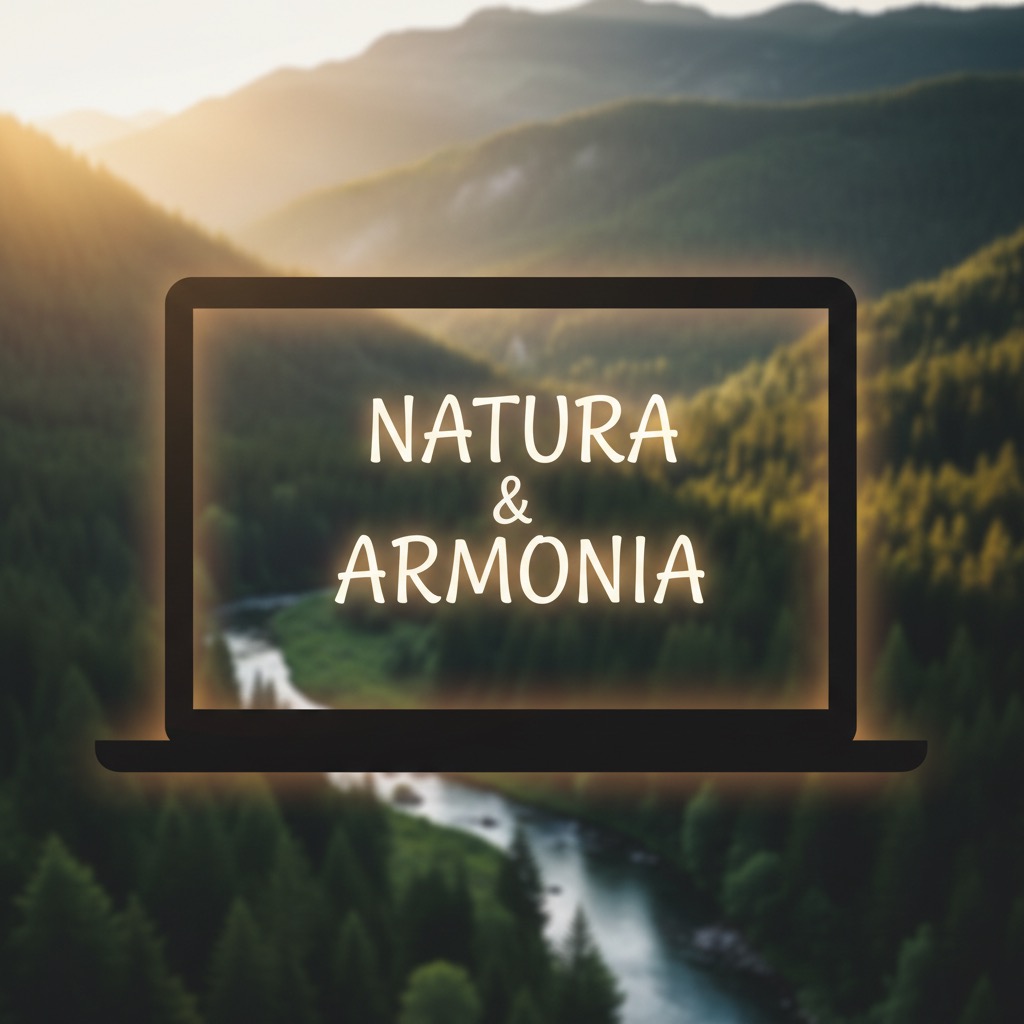 La silhouette di un computer portatile mostra sullo schermo il testo "Natura e Armonia" sovrapposto a un paesaggio montano con un fiume.