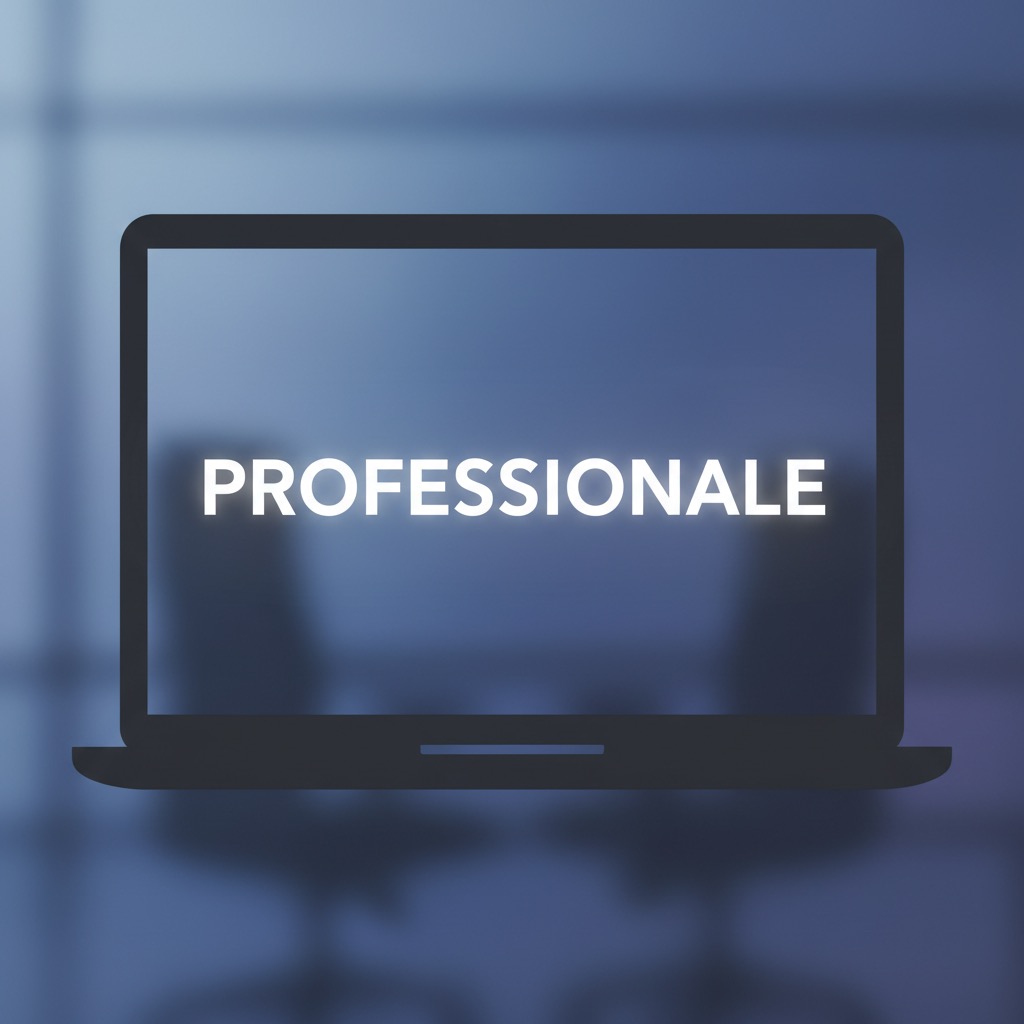 L'icona stilizzata di un computer portatile con la scritta "professionale" sullo schermo, su uno sfondo blu sfocato.